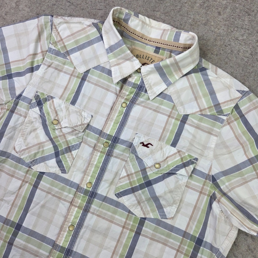 Hollister Pearl Snap Shirt Mens XL Slim Tan Green Plaid Short Sleeve Western Y2K